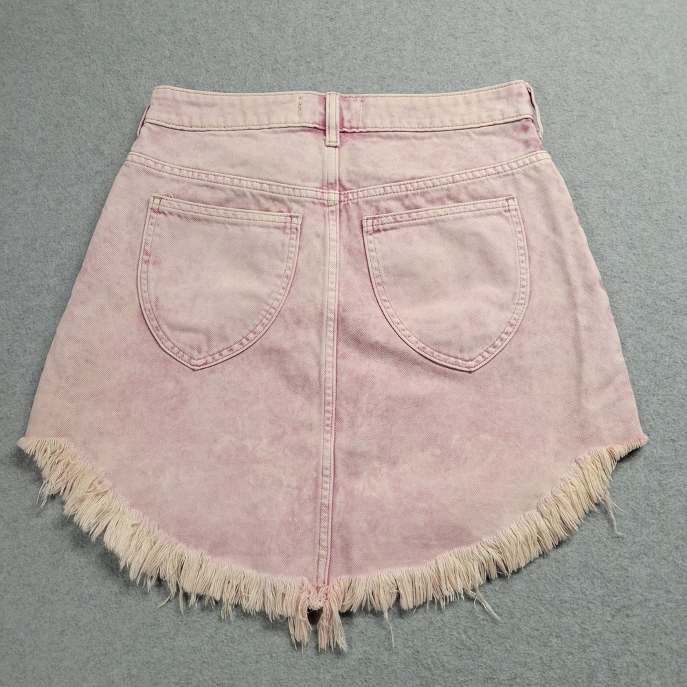 Free People We The Free Pink Acid Wash Fringe Tulip Hem Denim Mini Skirt Size 26 - Picture 9 of 10